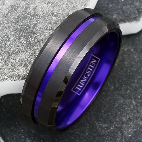 Magnificent 6mm/8mm Piano Black Tungsten Carbide Band Ring w/Brilliant Purple Stripe & Matching Purple Anodized Aluminum Comfort Fit Inner Band.