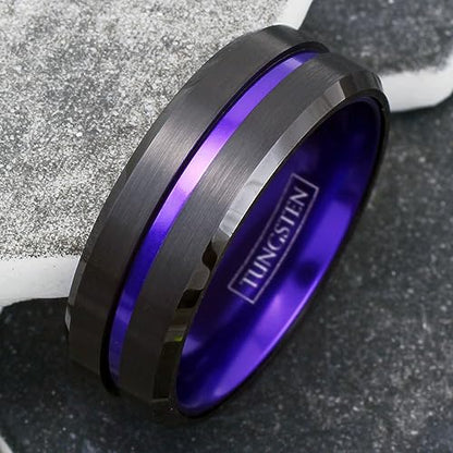 Magnificent 6mm/8mm Piano Black Tungsten Carbide Band Ring w/Brilliant Purple Stripe & Matching Purple Anodized Aluminum Comfort Fit Inner Band.