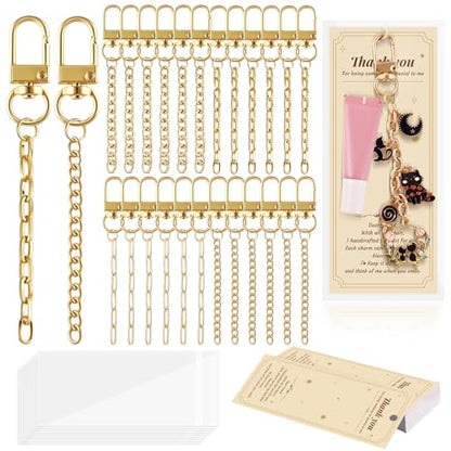 Wurosi 24 Set Lip Gloss Keychain Making Kit with Gift Packaging Supplies | Included 4 Styles 0.47*3.9in Extender Chains,Swivel Snap and Packaging Supplies, for DIY Lip Gloss Keychains, Bag Charms - color: 24 Set Gold Keychain Kit