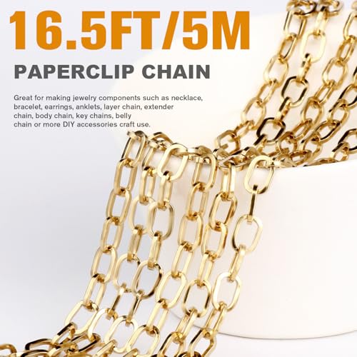 16.5FT Gold Paperclip Chains 5mm Stainless Steel Chain for Jewelry Making | 18K Gold PVD Plated Chunky Link Chain Roll Bulk for Necklace Bracelet Crafts - color: 5mm gold paperclip