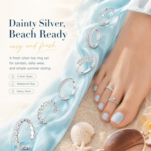 QWALIT Toe Rings for Women Gold Toe Ring Gold Ankets for Women Silver Toe Ring Stainless Steel Waterproof Trendy Anklet no Tarnish - color: 1-6pcs-silver