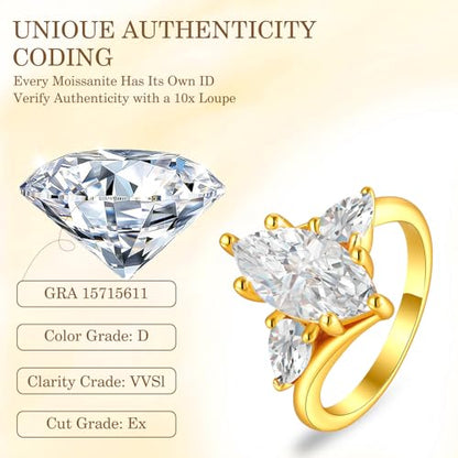 4CT 3 Stone Moissanite Engagement Ring for Women, Marquise Cut D Color VVS1, 925 Sterling Silver with 18K White Gold Plated, Anniversary Promise Ring for Her, Wedding Ring with Gift Box - color: Yellow