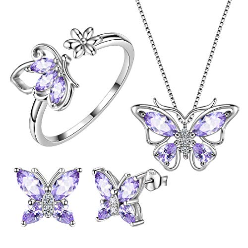 Aurora Tears Butterfly Jewelry,Women 925 Sterling Silver Butterflies Birthstone Pendant Necklace/Earrings/Rings Wedding Gift - color: F.June-set 2