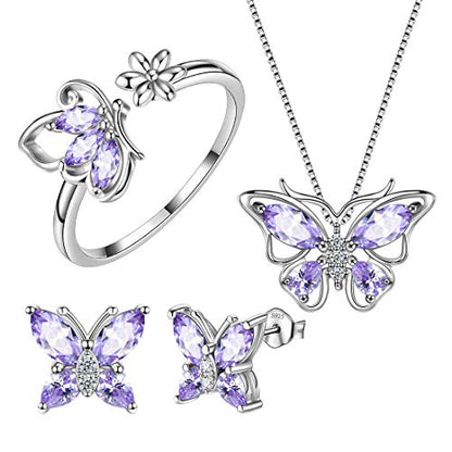 Aurora Tears Butterfly Jewelry,Women 925 Sterling Silver Butterflies Birthstone Pendant Necklace/Earrings/Rings Wedding Gift - color: F.June-set 2