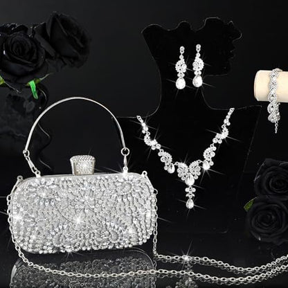 Quelay 4 Pcs Purse Rhinestone Jewelry Set for Wedding Bridal Women Handbag with Necklace Bracelet Dangle Earrings(Classic,Silver)