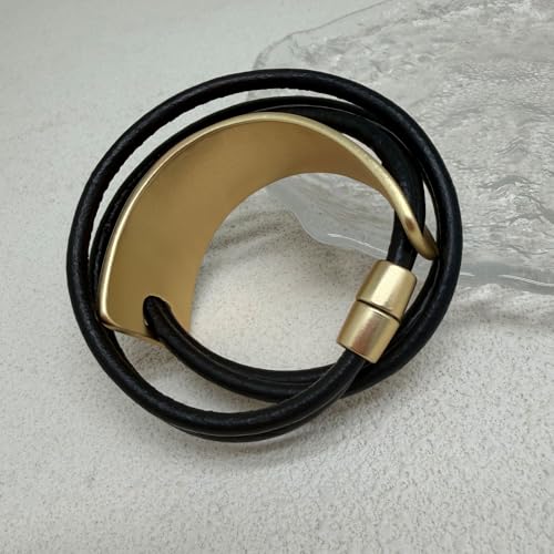 Leather Wrap Bracelet for Women Bangle Bracelet Handmade Bohemian Bangle Bold Statement Leather Bracelet for Women Trendy - style: Black Leather Wrap Bracelet-Gold