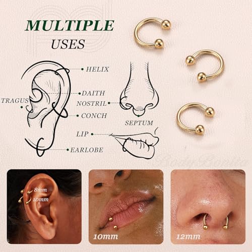 G23 Titanium 14/16/18/20G Septum Rings Horseshoe Nose Ring Jewelry | 2/3Pcs Circular Barbell Spike Lip Body Piercing Jewelry Conch Helix Tragus Earring Silver/Black 8/10/12mm 14K Gold Plated - color: Gold-3pcs, size: Balls-3pcs-16g-8mm