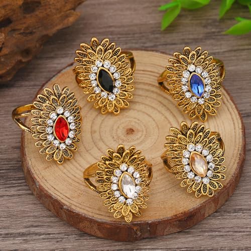 Boho Retro Rhinestone Ring Ethnic Big Flower Crystal Finger Ring Trendy Statement Tribal Indian Dance Costume Ring Jewelry for Women - color: Gold-black