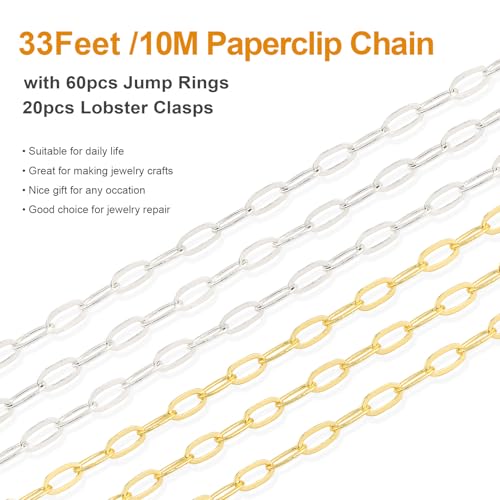Kyutong 32.8 FT Gold and Silver Jewelry Making Chains Paperclip Chain Links | 2 Rolls Paper Clip Chain Necklace Brass Jewelry Findings with Clasps for Women DIY Jewelry Crafts - color: 3.2x6.3 Paperclip Chain