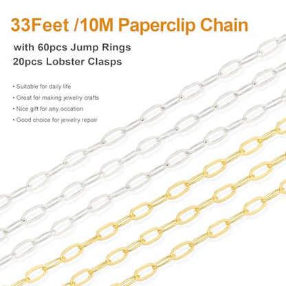 Kyutong 32.8 FT Gold and Silver Jewelry Making Chains Paperclip Chain Links | 2 Rolls Paper Clip Chain Necklace Brass Jewelry Findings with Clasps for Women DIY Jewelry Crafts - color: 3.2x6.3 Paperclip Chain