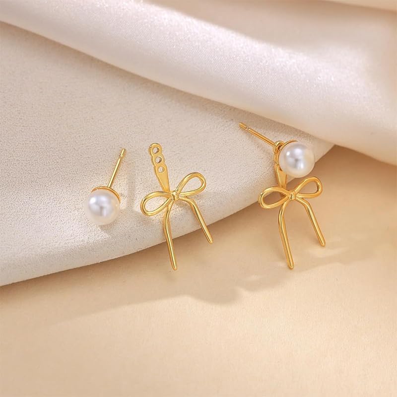 Gold Bow Earrings for Women, Long Tassel Chain Drop Earrings, Trendy Small Bow Earrings, Ribbon Waterfall Dangling Earrings, Pearl Bow Earrings, Sparkly Elegant Bowknot Preppy Jewelry Gifts for Women - color: Gold Bow-F