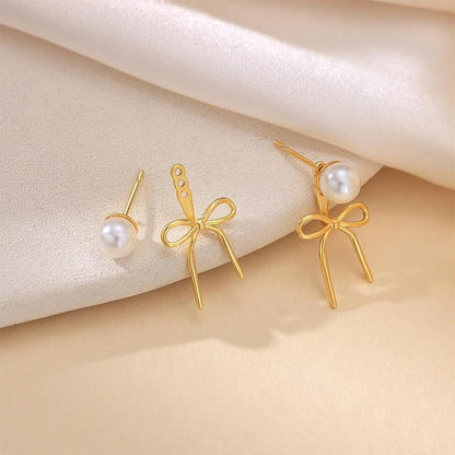Gold Bow Earrings for Women, Long Tassel Chain Drop Earrings, Trendy Small Bow Earrings, Ribbon Waterfall Dangling Earrings, Pearl Bow Earrings, Sparkly Elegant Bowknot Preppy Jewelry Gifts for Women - color: Gold Bow-F
