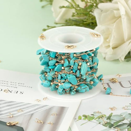 KYUNHOO 5M Gold Plated Chain for Jewelry Making Turquoise Blue Stone Chain | Gold Brass Necklace Jewelry Bulk Chain for Bracelet Ankle Crafting Finding Jewelry Supplies - color: Natural Stone-Blue