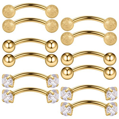 Ruifan 12PCS 16G 3/8Inch Clear Cubic Zirconia & Ball Curved Barbell Eyebrow Belly Lip Tragus Ring Piercing Jewelry 10mm - color: 12PCS - Gold
