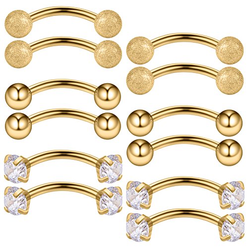 Ruifan 12PCS 16G 3/8Inch Clear Cubic Zirconia & Ball Curved Barbell Eyebrow Belly Lip Tragus Ring Piercing Jewelry 10mm - color: 12PCS - Gold