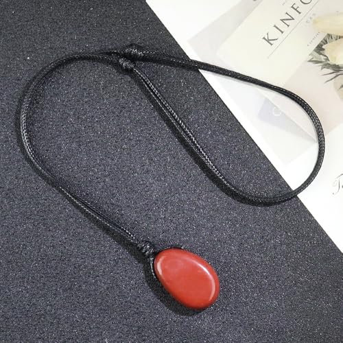 Natural Gemstone Pendant Necklace Healing Crystal Stone Choker Necklace Adjustable Waxed Black Rope for Men - color: Red Jasper