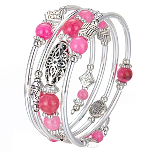 BULINLIN Layered Wrap Bangle Turquoise Bracelet - Bead Bracelet with Natural Agate Stone, Gifts For Women - color: 03-Hot pink