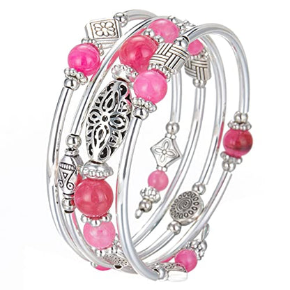 BULINLIN Layered Wrap Bangle Turquoise Bracelet - Bead Bracelet with Natural Agate Stone, Gifts For Women - color: 03-Hot pink