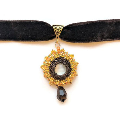 Brown Yellow Orange Beadwoven Sunburst Floral Pendant Velvet Choker Embroidered Flower Fall Autumn
