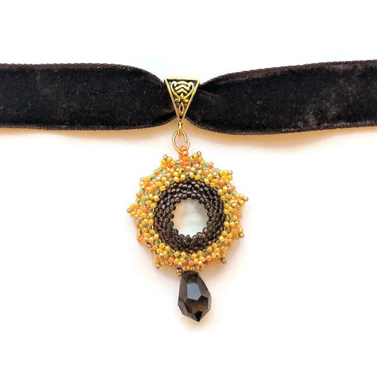 Brown Yellow Orange Beadwoven Sunburst Floral Pendant Velvet Choker Embroidered Flower Fall Autumn