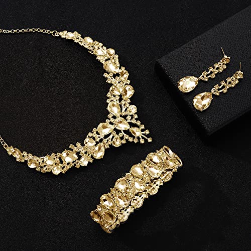Rhinestone Bridal Jewelry Sets for Women Crystal Necklace Earrings Bracelet Set Silver-Tone Wedding Bridal Bridesmaid Gifts fit with Wedding Dress - color: C:3pcs-Champagne Tone Necklace + Earrings + Bracelet set