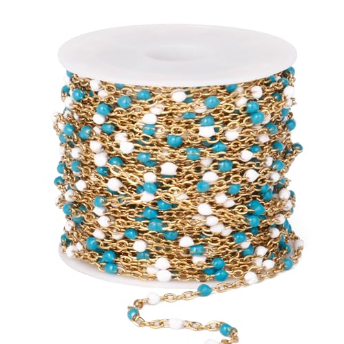 33FT 2mm Gold Cable Chains Blue White Enamel Chains Bulk for Jewelry Making | 18K Gold PVD Plated Stainless Steel Enamel Beaded Chains Roll for Necklace Bracelet - color: Gold Blue White Beads