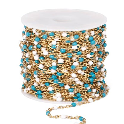 33FT 2mm Gold Cable Chains Blue White Enamel Chains Bulk for Jewelry Making | 18K Gold PVD Plated Stainless Steel Enamel Beaded Chains Roll for Necklace Bracelet - color: Gold Blue White Beads