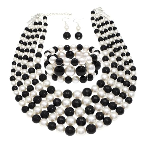Faux Big Pearl Srand Necklaces for Women 5 Layers Pearls Choker Bib Collar Necklace Bracelet and Earrings set 1920s Costume Pearl Jewelry Bridal Wedding - color: black white