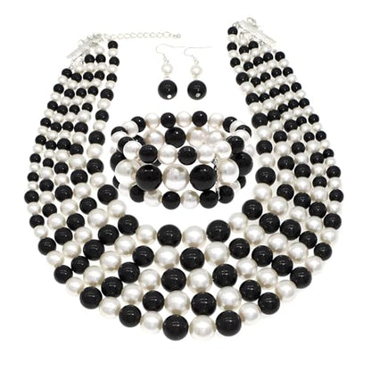 Faux Big Pearl Srand Necklaces for Women 5 Layers Pearls Choker Bib Collar Necklace Bracelet and Earrings set 1920s Costume Pearl Jewelry Bridal Wedding - color: black white