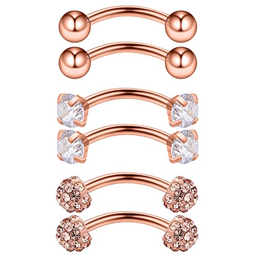 3PRS 16G 3/8" (10MM) Stainless Steel 3mm CZ/Gems/Ball Curved Barbell Eyebrow Tragus Lip Belly Ring Piercing Jewelry - Rose Gold - color: 6PCS - Rose Gold