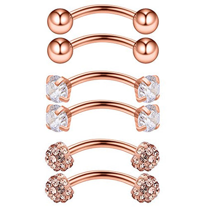 3PRS 16G 3/8" (10MM) Stainless Steel 3mm CZ/Gems/Ball Curved Barbell Eyebrow Tragus Lip Belly Ring Piercing Jewelry - Rose Gold - color: 6PCS - Rose Gold