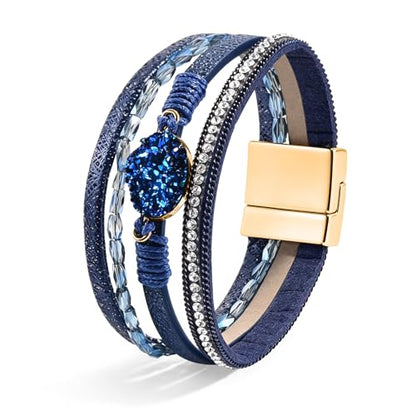 Wrapped Bracelets for Women,Leather Boho Bracelets for Women - color: Beads-NavyBlue