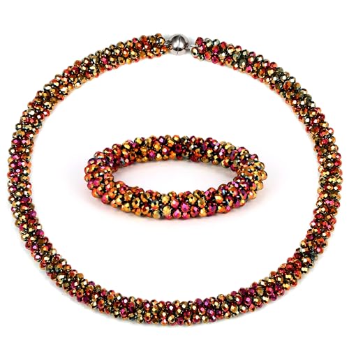 Hand Knotted Beads Statement Necklace Bracelet Jewelry Set Artificial Crystal Choker for Women- Handmade Beaded Strand Sparkly Faceted Crystal Rondelle-17inches, 30 Colors - color: Brown Set