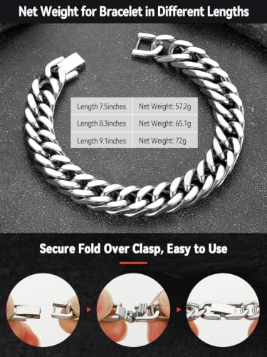 FaithHeart Mens Stainless Steel Cuban Link Bracelet, Tarnish Resistant | 6/8/12/17mm Silver/Black/Gold Sturdy Hip Hop Wrist Chain Bracelets Daily Wear with Gift Box, 7.5"/8.3"/9.1" Length - color: A. Silver-12mm Width, size: Length 7.5 Inches