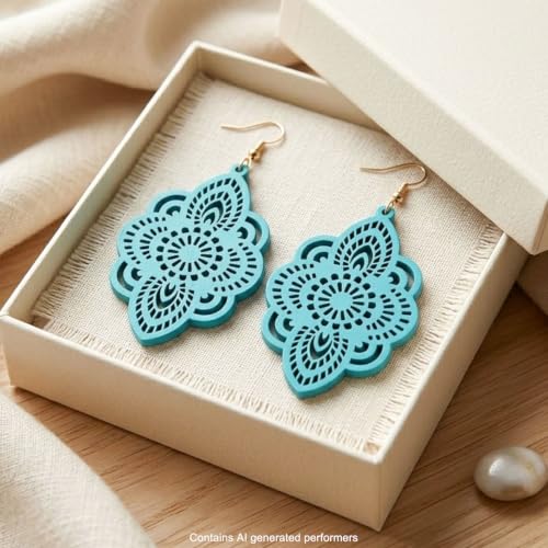Boho Black Filigree Dangle Earrings for Women, Lightweight Hollow Lace Drop, Wood, 3.34" x 1.69", Bohemian Jewelry - color: Sky Blue