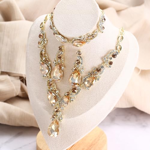 Wedding Bridal Jewelry Set for Women Prom Party Accessories | Shiny Multi Teardrop Cluster Crystal Statement Necklace Dangle Earrings Link Bracelet Set for Bride Bridesmaid - color: Champagne Gold-Plated-Base