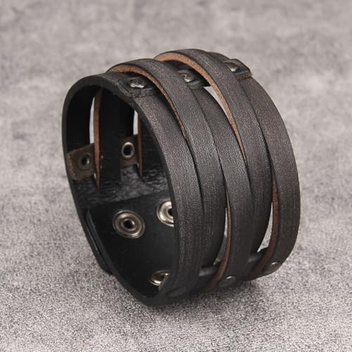JAOYU Punk Leather Cuff Bracelet Goth Leather Wristband Rock Bracelet Biker Bracelet for Men Leather Armband Black Handmade Jewelry - color: Wrap Leather Bracelet