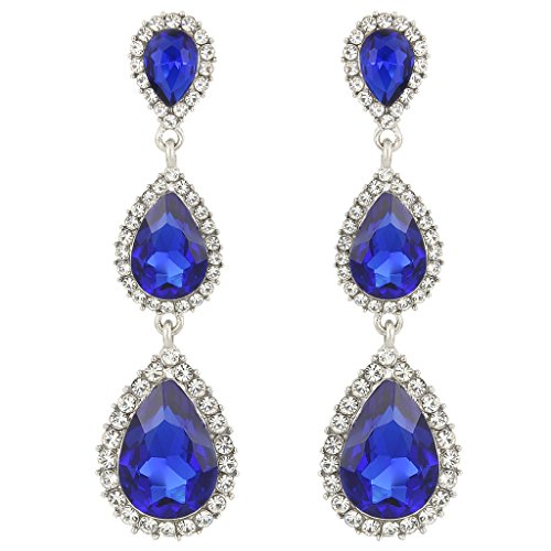 EleQueen Women's Crystal Teardrop Pear Shape 2.5 Inch Long Earrings | Dangle Earrings for Women, TearDrop Crystals Earrings for Bride Bridesmaid, Prom Jewelry for Wedding - color: 08-Sapphire
