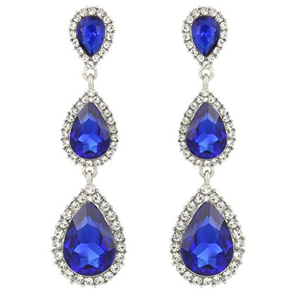 EleQueen Women's Crystal Teardrop Pear Shape 2.5 Inch Long Earrings | Dangle Earrings for Women, TearDrop Crystals Earrings for Bride Bridesmaid, Prom Jewelry for Wedding - color: 08-Sapphire
