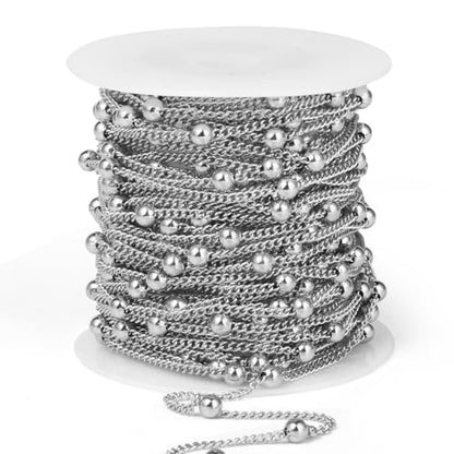 33FT 2mm Stainless Steel Satellite Bead Chains Roll Bulk for Jewelry Making | 304 Stainless Steel Ball Beaded Twisted Curb Link Chains Spool for DIY Craft - color: Stainless Steel Big Beads Satellite Curb Chain