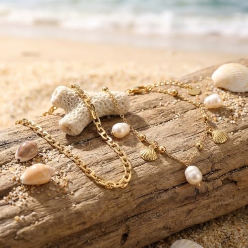 Dainty Gold Shell Pearl Ankle Bracelets for Women, Trendy Anklet Stack Charm Bracelet Adjustable Chain Summer Ocean Beach Accessories Fashion Jewelry Gift - color: PigNose Chain