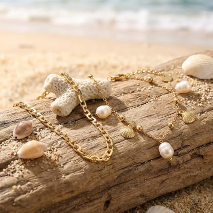 Dainty Gold Shell Pearl Ankle Bracelets for Women, Trendy Anklet Stack Charm Bracelet Adjustable Chain Summer Ocean Beach Accessories Fashion Jewelry Gift - color: PigNose Chain
