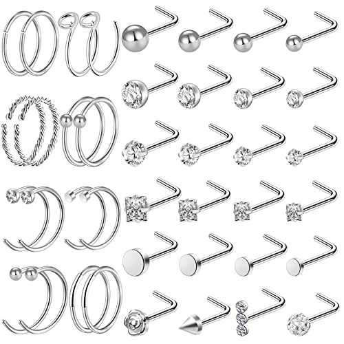 35-70 PCS 18G 20G Nose Rings for Women & Men - Gold Hoops, L Shape, Studs & Screw - 316L Surgical Stainless Steel - color: Color G-40pcs