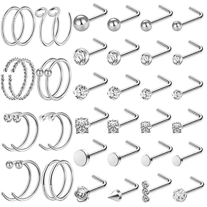 35-70 PCS 18G 20G Nose Rings for Women & Men - Gold Hoops, L Shape, Studs & Screw - 316L Surgical Stainless Steel - color: Color G-40pcs