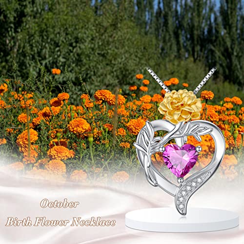 TOUPOP Birth Flower Necklace 925 Sterling Silver Heart Birthstone Pendant Necklaces Birth Month Floral Jewelry Birthday Valentines Day Mothers Day Gifts for Women Wife Mom - style: 10-October-Marigold