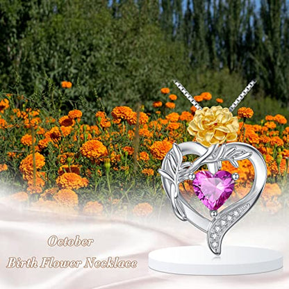 TOUPOP Birth Flower Necklace 925 Sterling Silver Heart Birthstone Pendant Necklaces Birth Month Floral Jewelry Birthday Valentines Day Mothers Day Gifts for Women Wife Mom - style: 10-October-Marigold