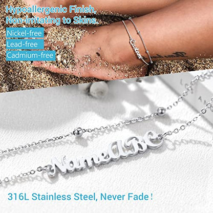 PROSTEEL Trendy Handcuffs Design/Customize Words Ankle Bracelet For Women, 316L Stainless Steel Anklets Silver/Gold/Black Tone, Hypoallergenic, Come with Box - style: 04 Customize-Bead Chain(8.5"-10.5")-Elegant Silver