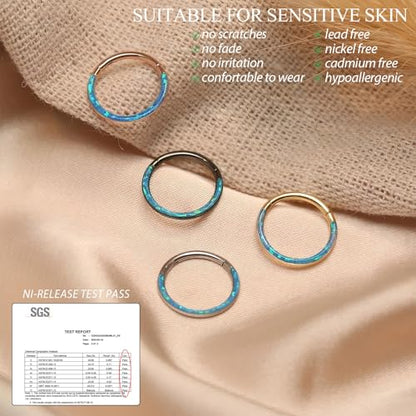 Opal Septum Jewelry Surgical Steel Septum Ring Daith Rook Tragus Earring | Hinged Segment Nose Hoop Ring,Hypoallergenic Septum Piercings for Women,Conch Cartilage Helix Jewelry,Diameter 6mm to 10mm - color: Silver,Blue Opal, size: 16G 10mm