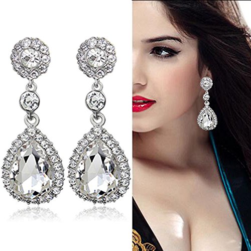 Gorgeous Austrian Crystal Rhinestone Wedding Bridal Teardrop Drop Dangle Earrings - color: Pierced-White
