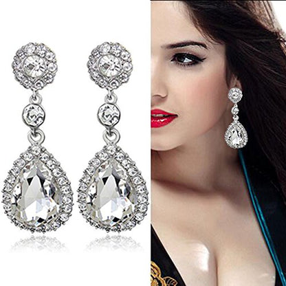 Gorgeous Austrian Crystal Rhinestone Wedding Bridal Teardrop Drop Dangle Earrings - color: Pierced-White